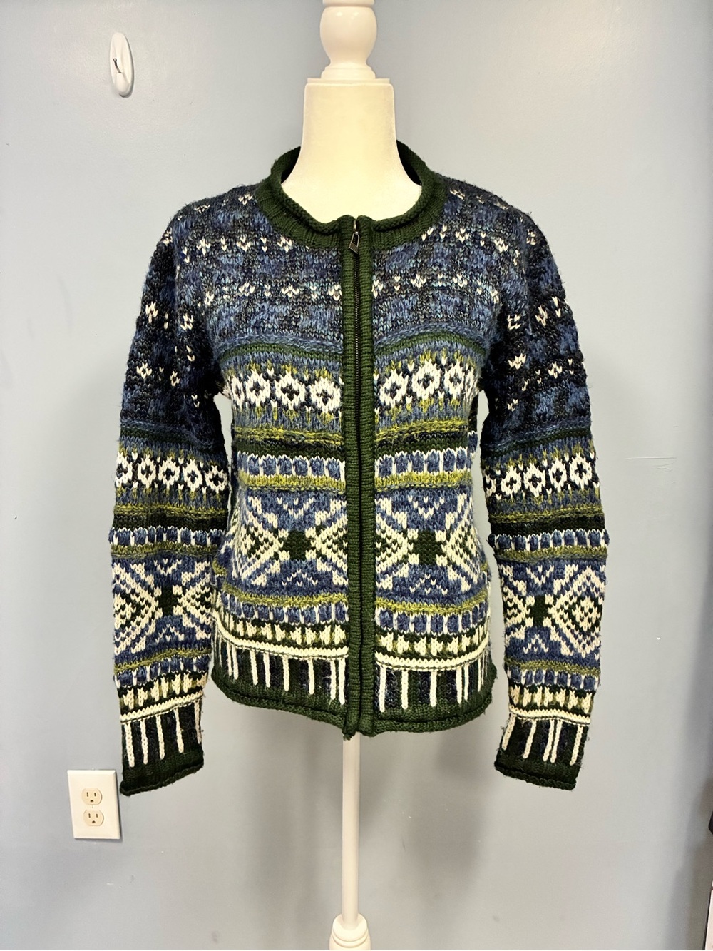 Tangents Women's Fair Isle Full Zip Collared Knit Cardigan Sweater M Blue